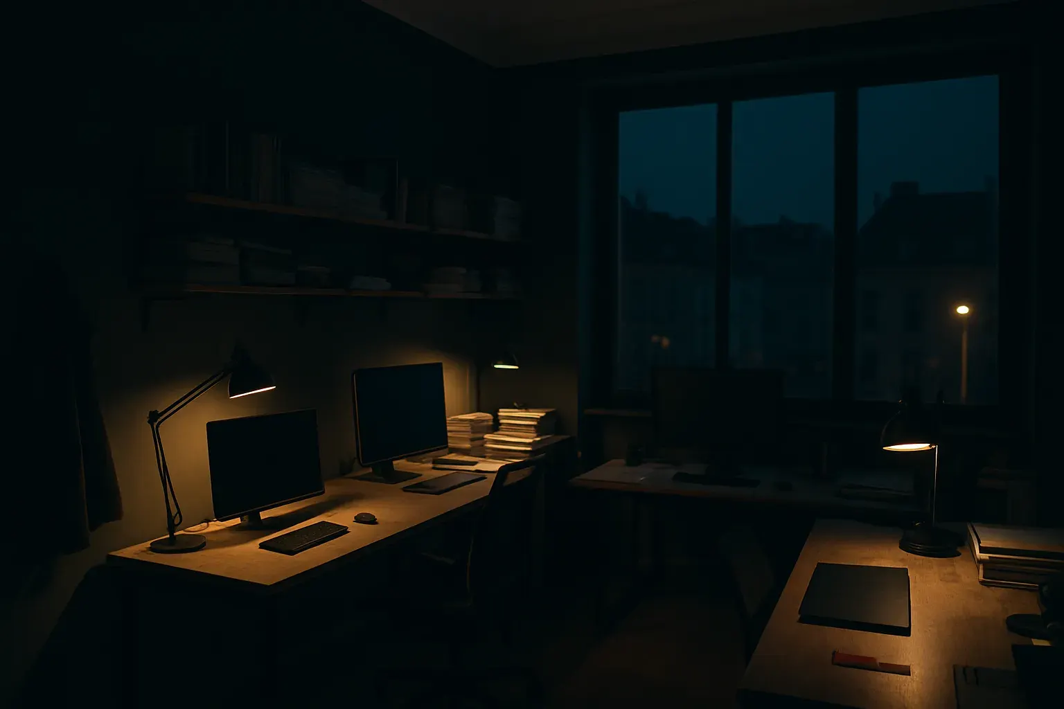 Wide view of the dandesigner studio interior at night, work desks lit by desk lamps with a dark window showing Berlin rooftops behind