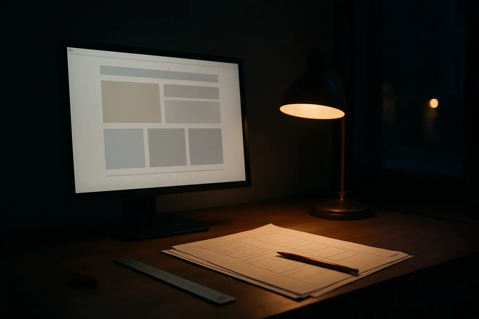 A studio desk at night with a monitor showing an abstracted web layout in progress, a metal ruler and printed spec sheets under a warm desk lamp