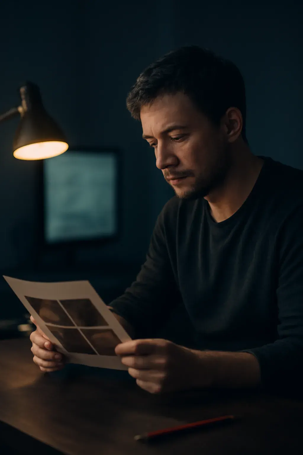 An environmental portrait of Daniel Anders, Creative Director, reviewing a printed proof under a warm desk lamp