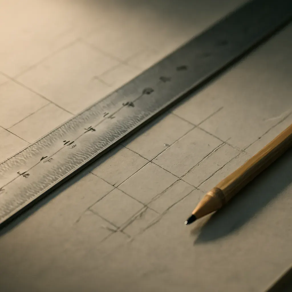 A close, angled photograph of a printed spec sheet with a metal ruler and pencil-marked measurements